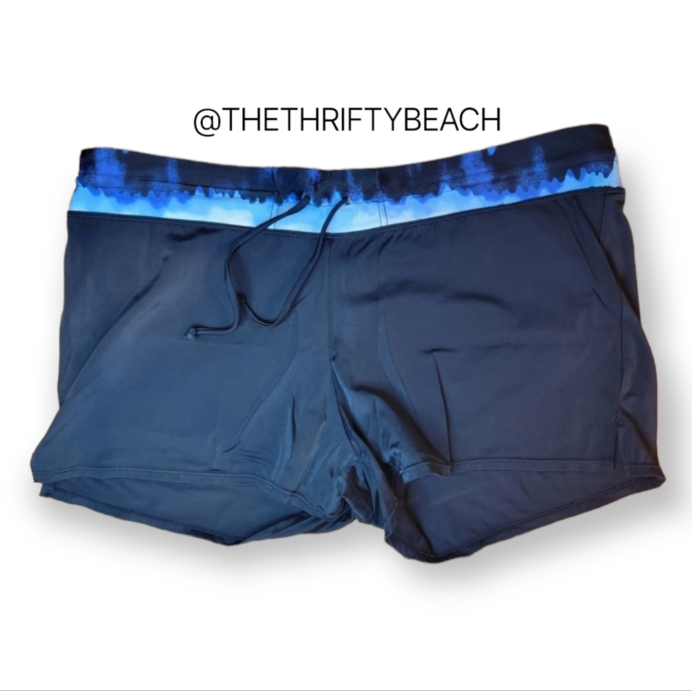Tropical Escape Black Swim Shorts Blue Tie Dye Waistband
